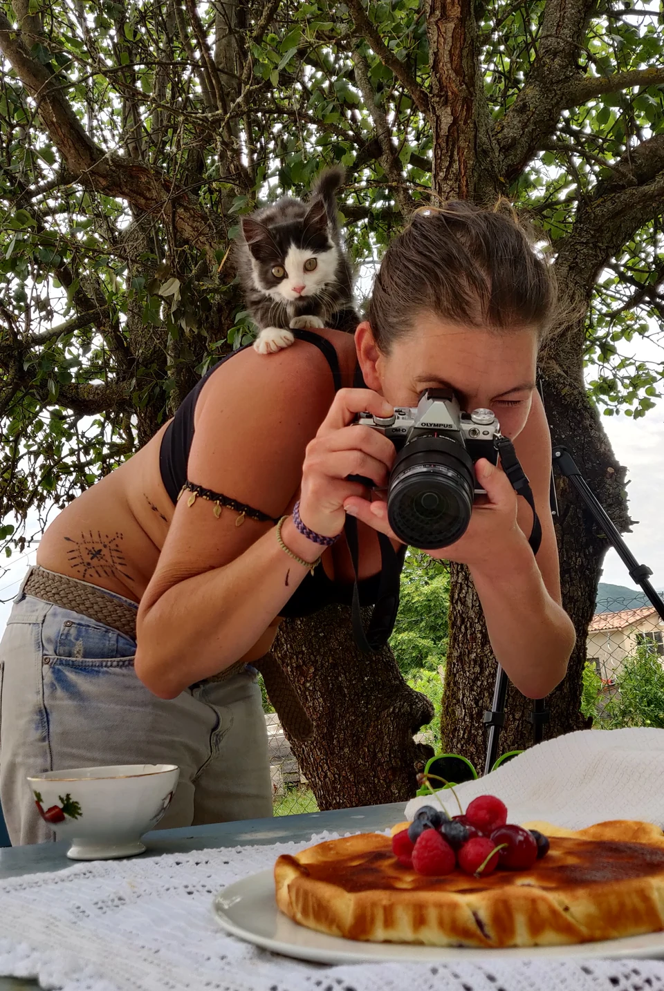 Photographe en plein shooting culinaire en extérieur, avec un chaton perché sur l’épaule