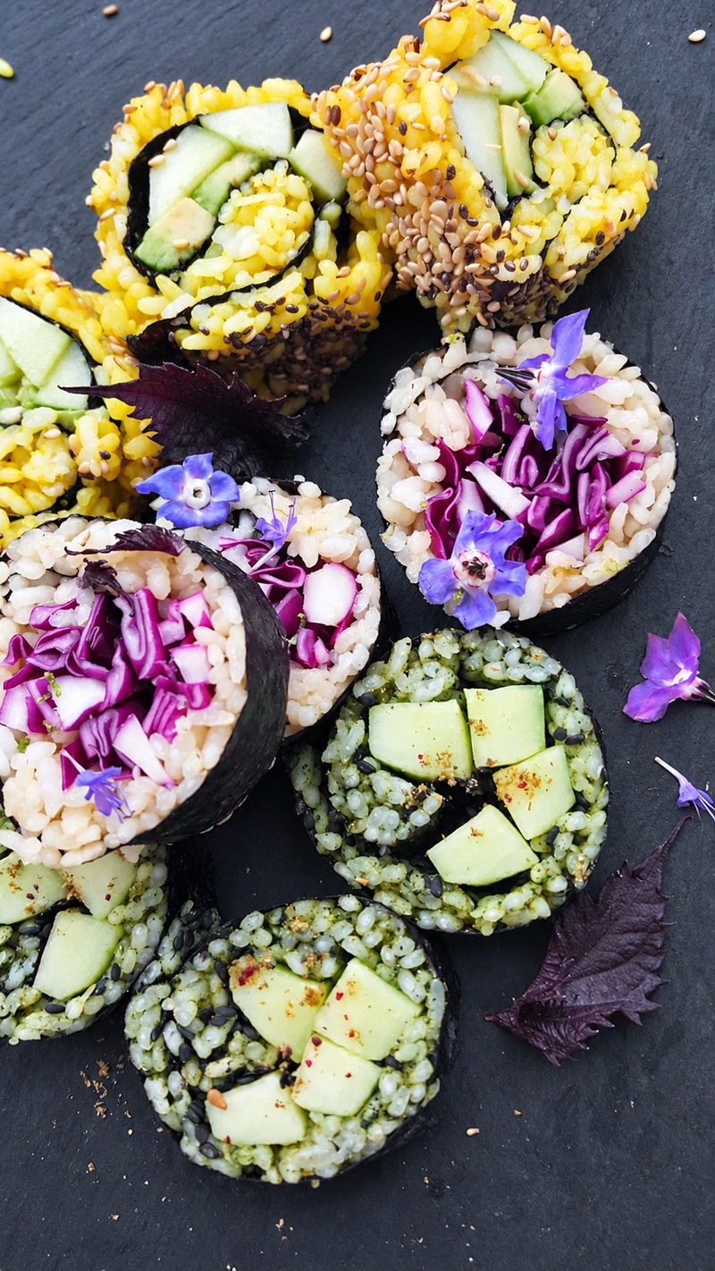 Bouchées de riz colorées, légumes et fleurs comestibles