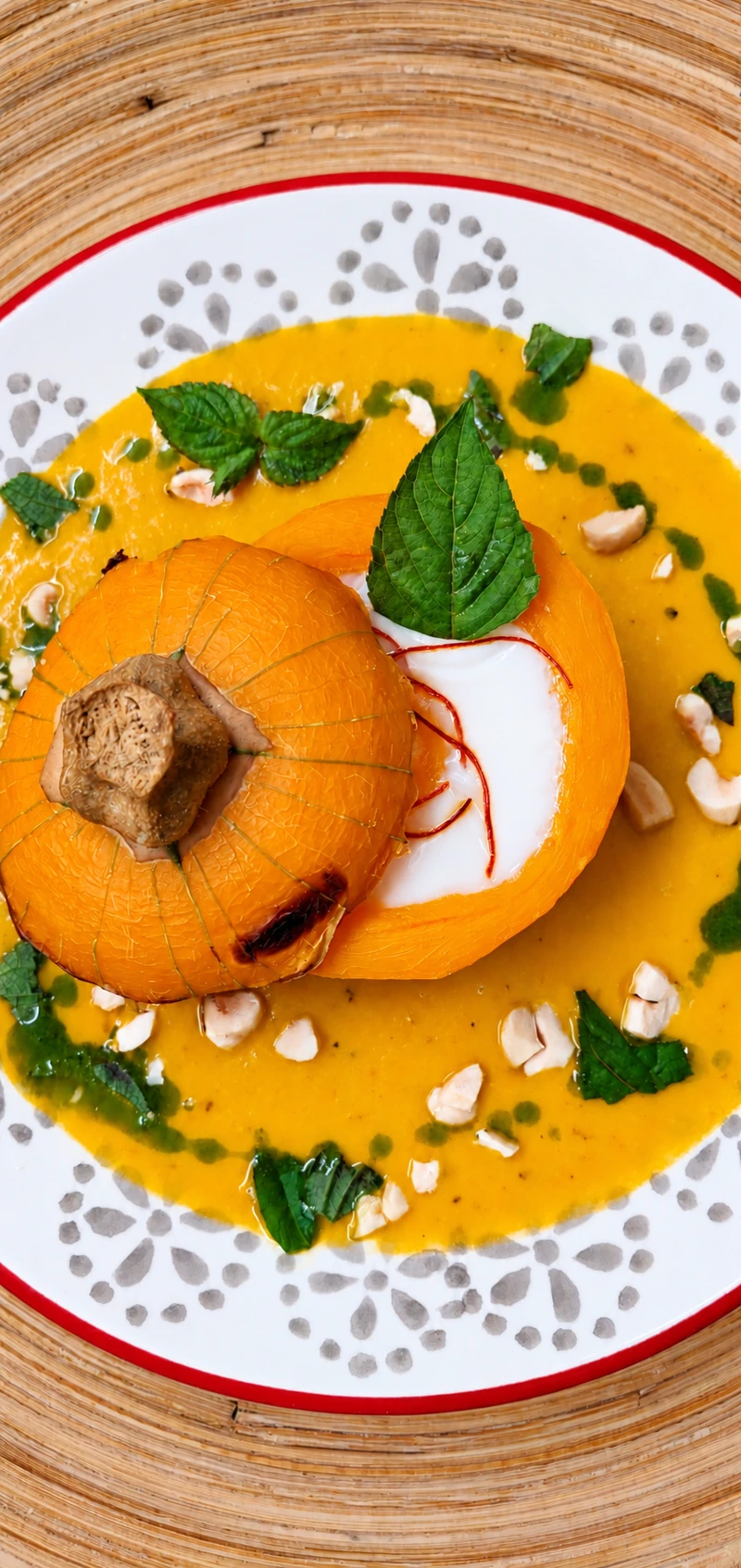 Velouté orangé servi dans une petite courge, décoré d’herbes et de noix