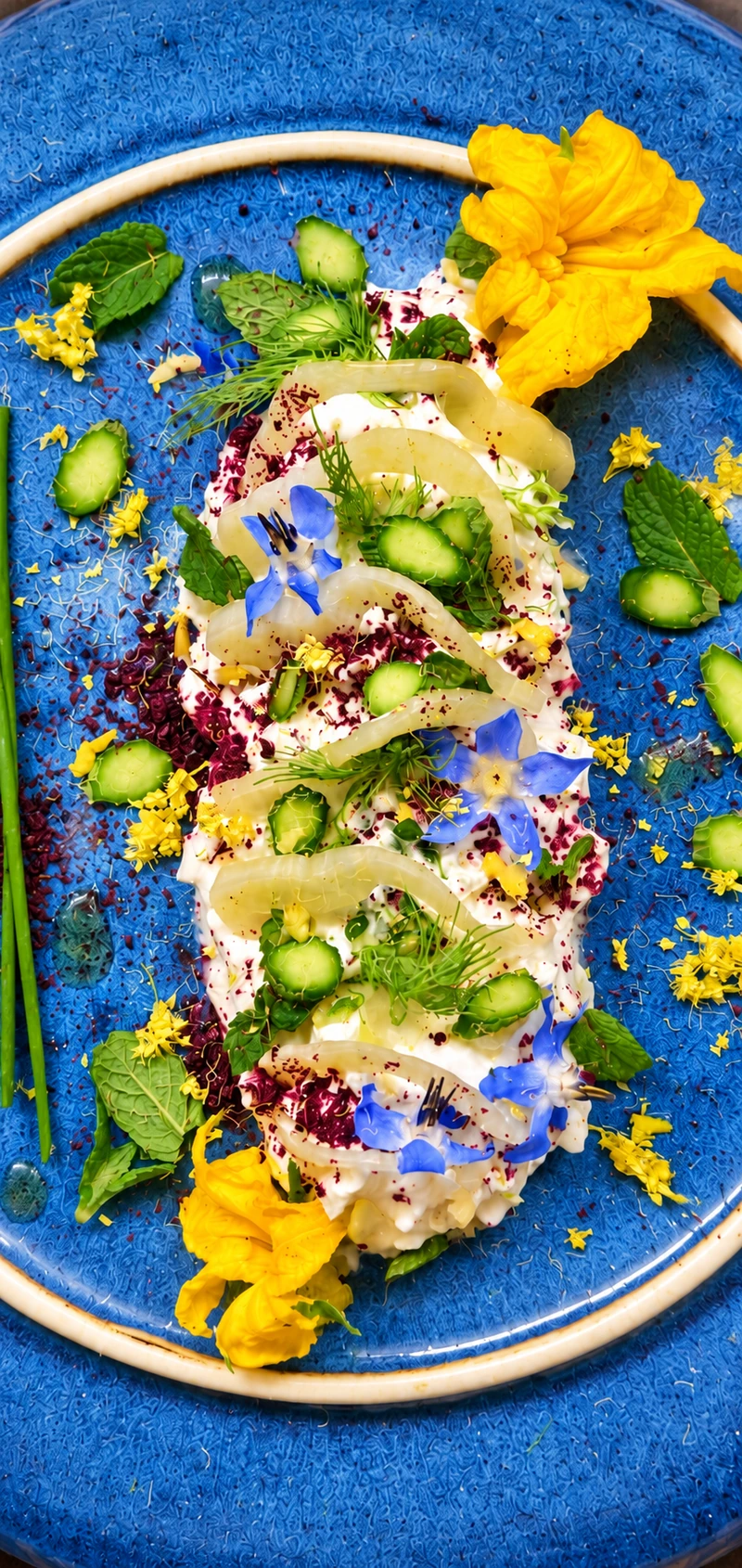 Composition végétale blanche et verte dressée avec des fleurs sur une assiette bleue