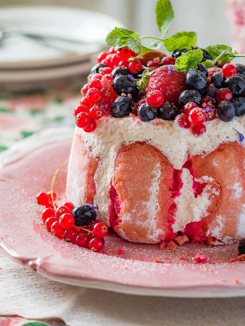 Gâteau rose aux fruits rouges décoré de feuilles de menthe