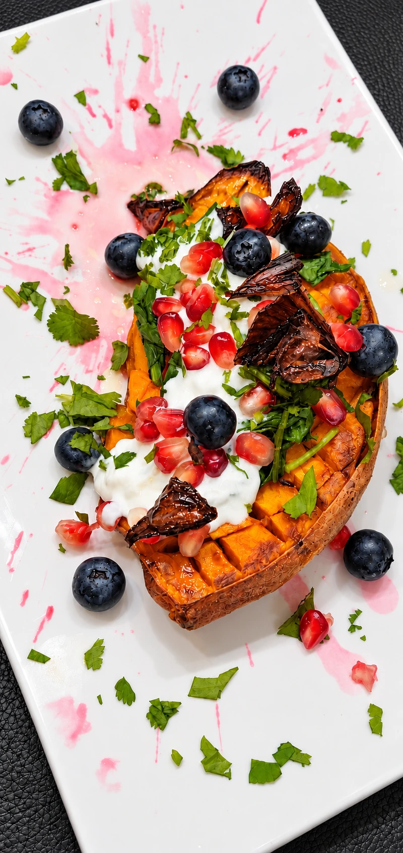 Patate douce garnie de fruits rouges, herbes et crème sur une assiette blanche