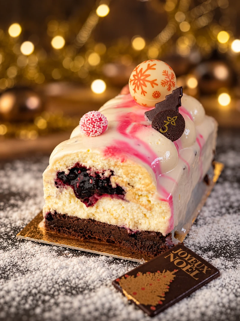 Bûche de Noël blanche et rose en coupe