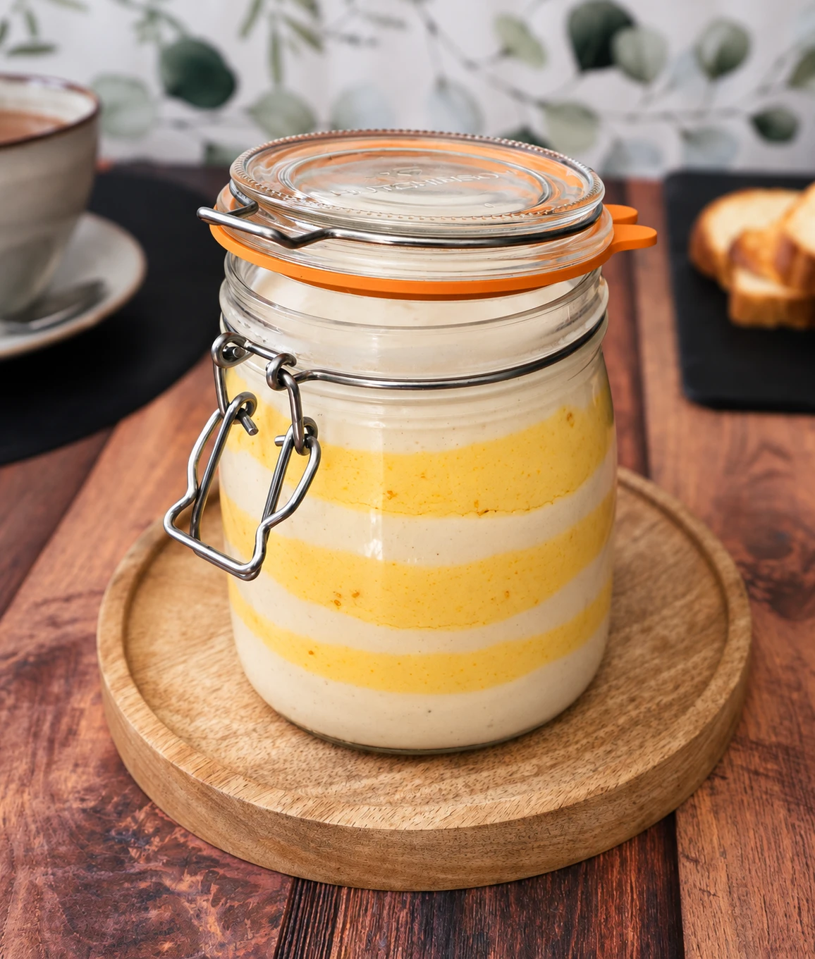 Bocal fermé à joint orange contenant une crème d’amande en couches blanches et jaunes, sur une planche ronde en bois
