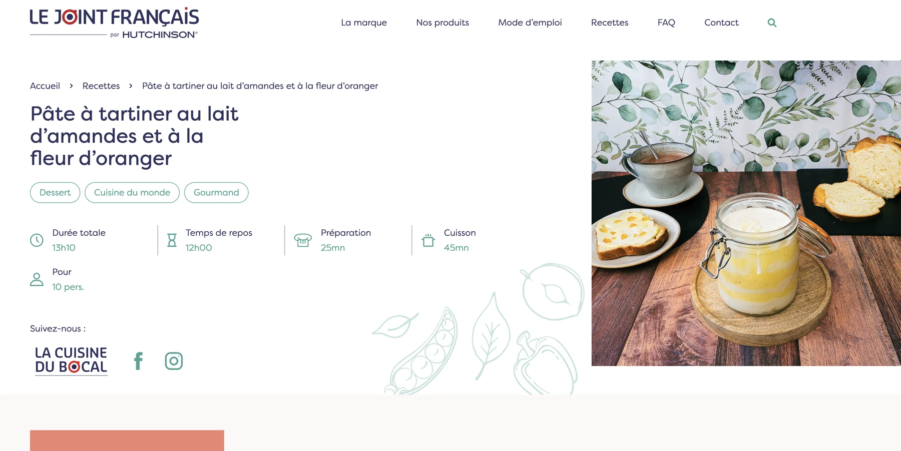 Capture du site Le Joint Français présentant la recette de pâte à tartiner au lait d’amandes et à la fleur d’oranger avec sa photographie