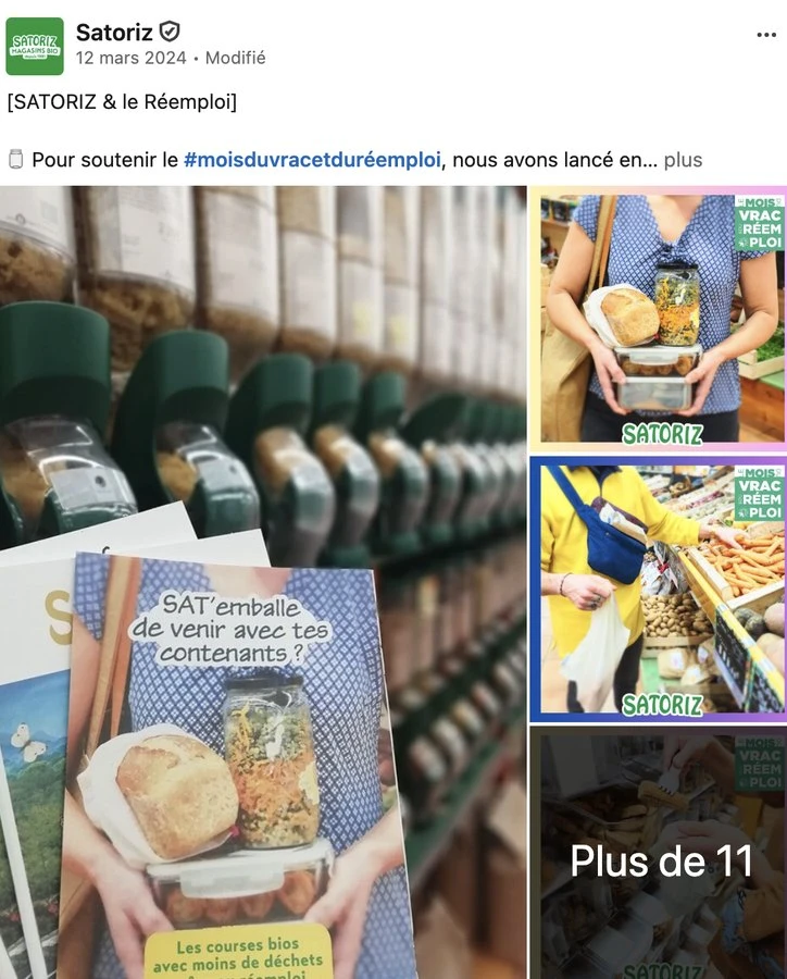 Capture d’une publication Satoriz présentant la campagne SAT’emballe et plusieurs photographies de contenants réutilisables